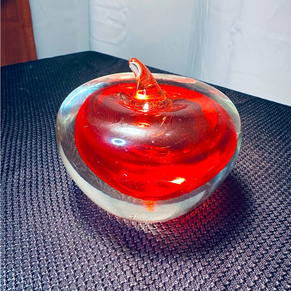 Vintage Clear Red Apple, Art Glass, Paperweight Hand Blown Smooth Bottom